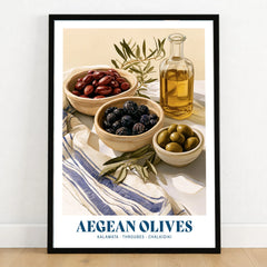 Aegean Olives Greek Kitchen Wall Art - art print in black frame on wooden floor