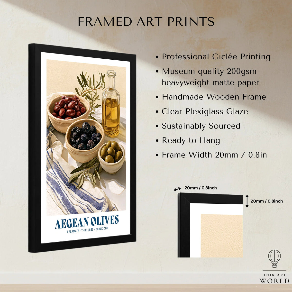 Aegean Olives Greek Kitchen Wall Art - framed print details measurements quality details