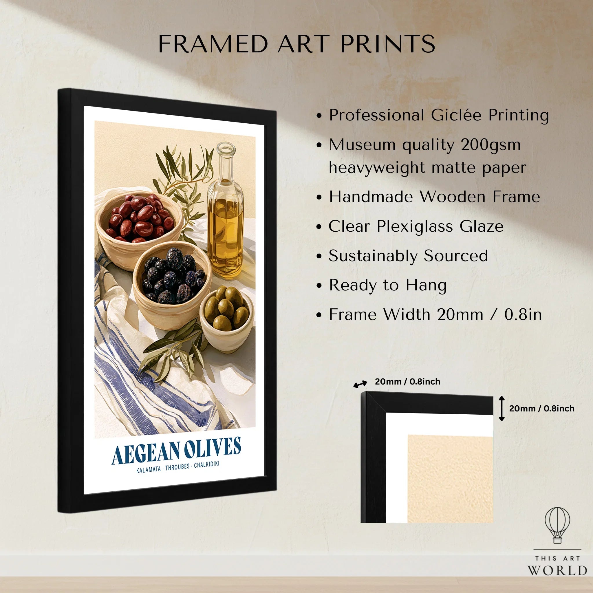 Aegean Olives Greek Kitchen Wall Art - framed print details measurements quality details