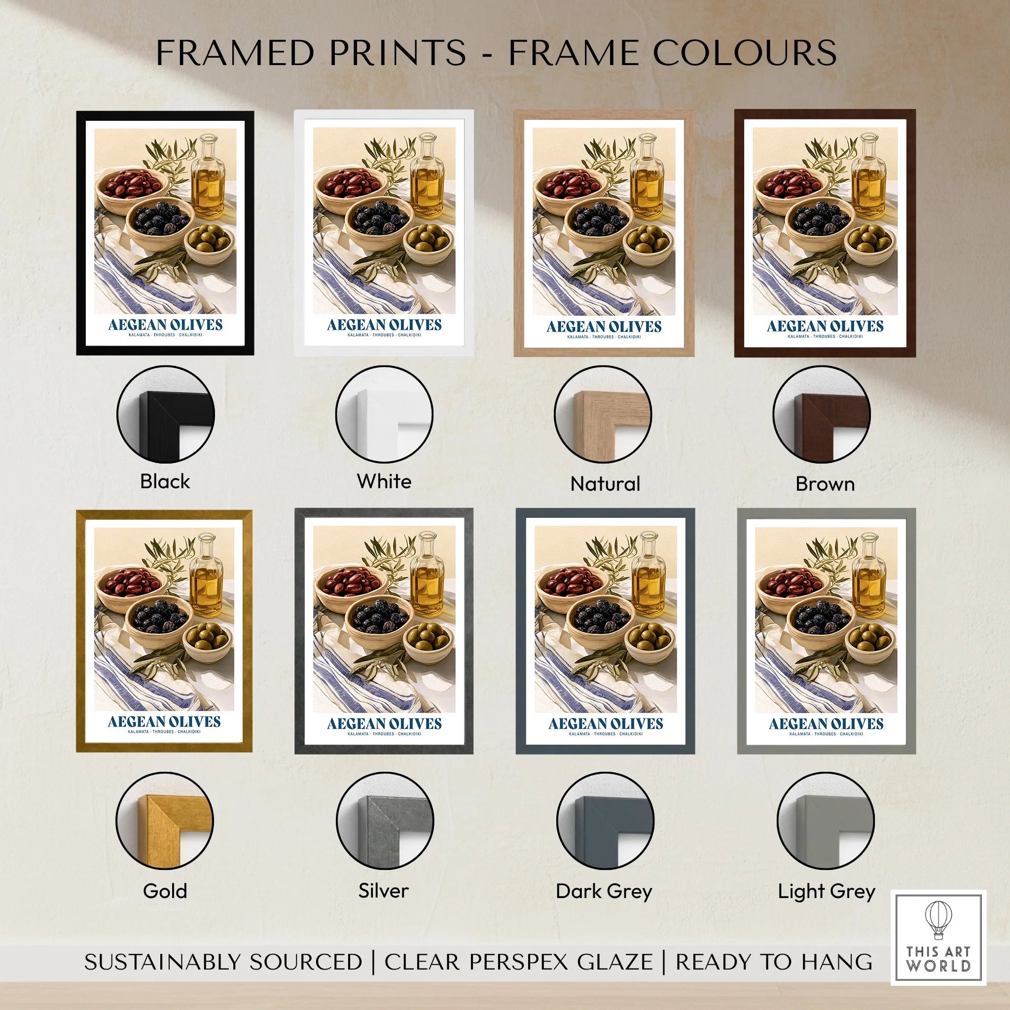 Aegean Olives Greek Kitchen Wall Art - framed print colour options