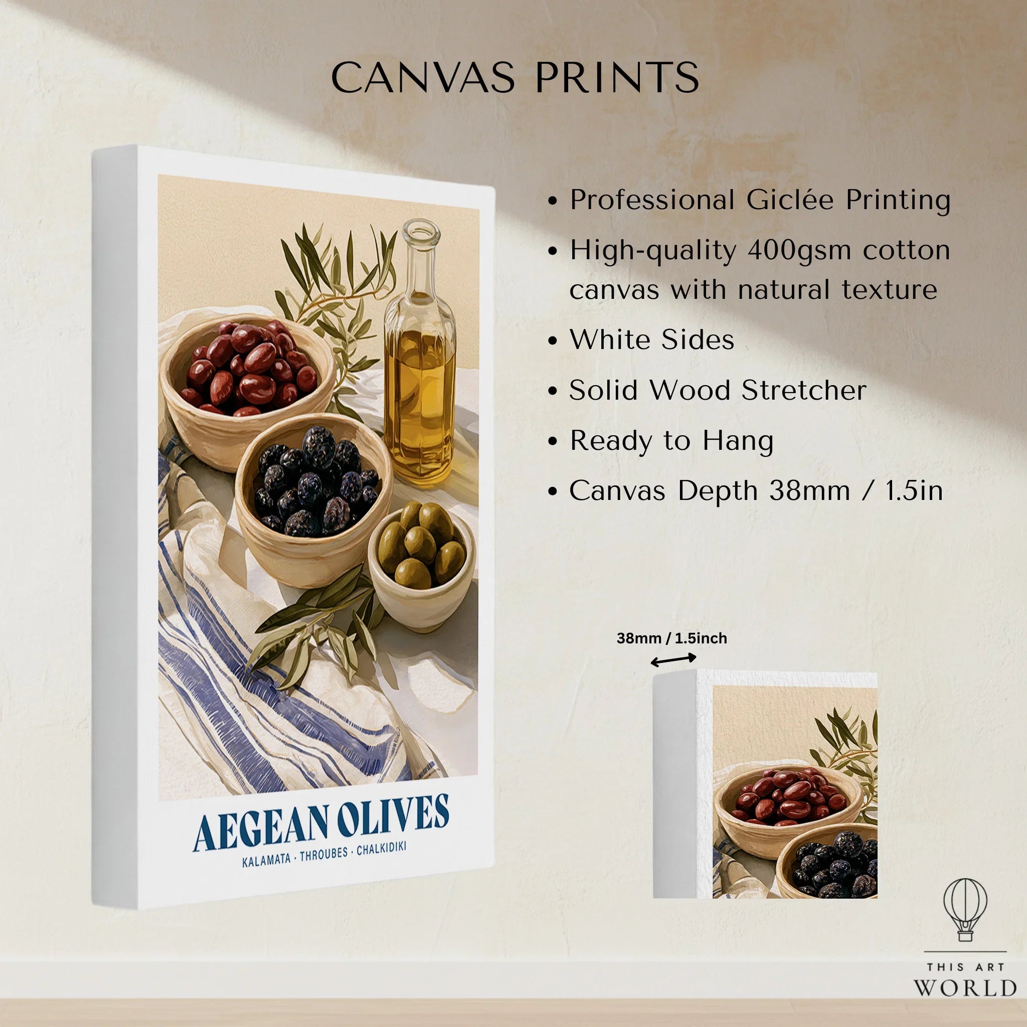 Aegean Olives Greek Kitchen Wall Art - canvas print stretched cotton canvas details