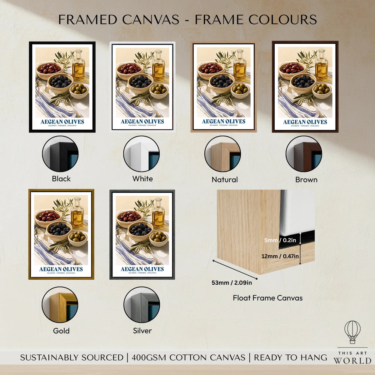 Aegean Olives Greek Kitchen Wall Art - framed canvas float frame colour options