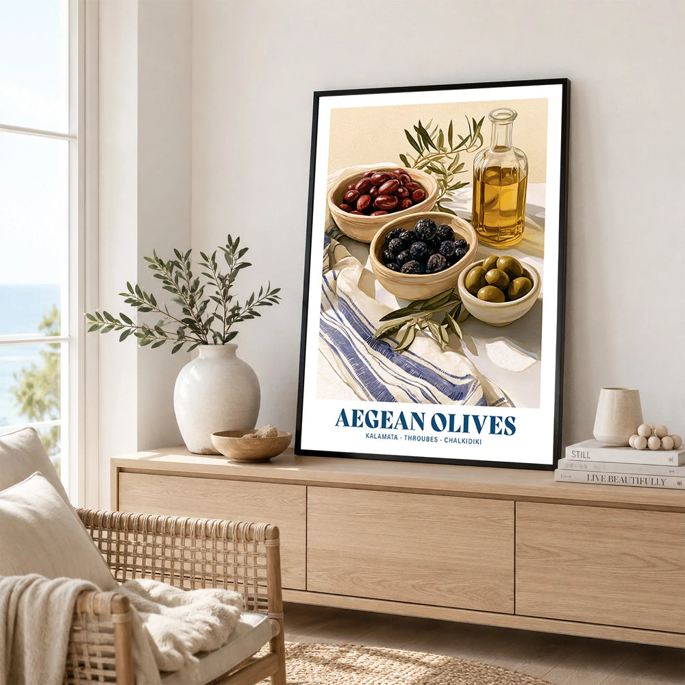 Aegean Olives Greek Kitchen Wall Art - framed artwork living room lifestyle setting