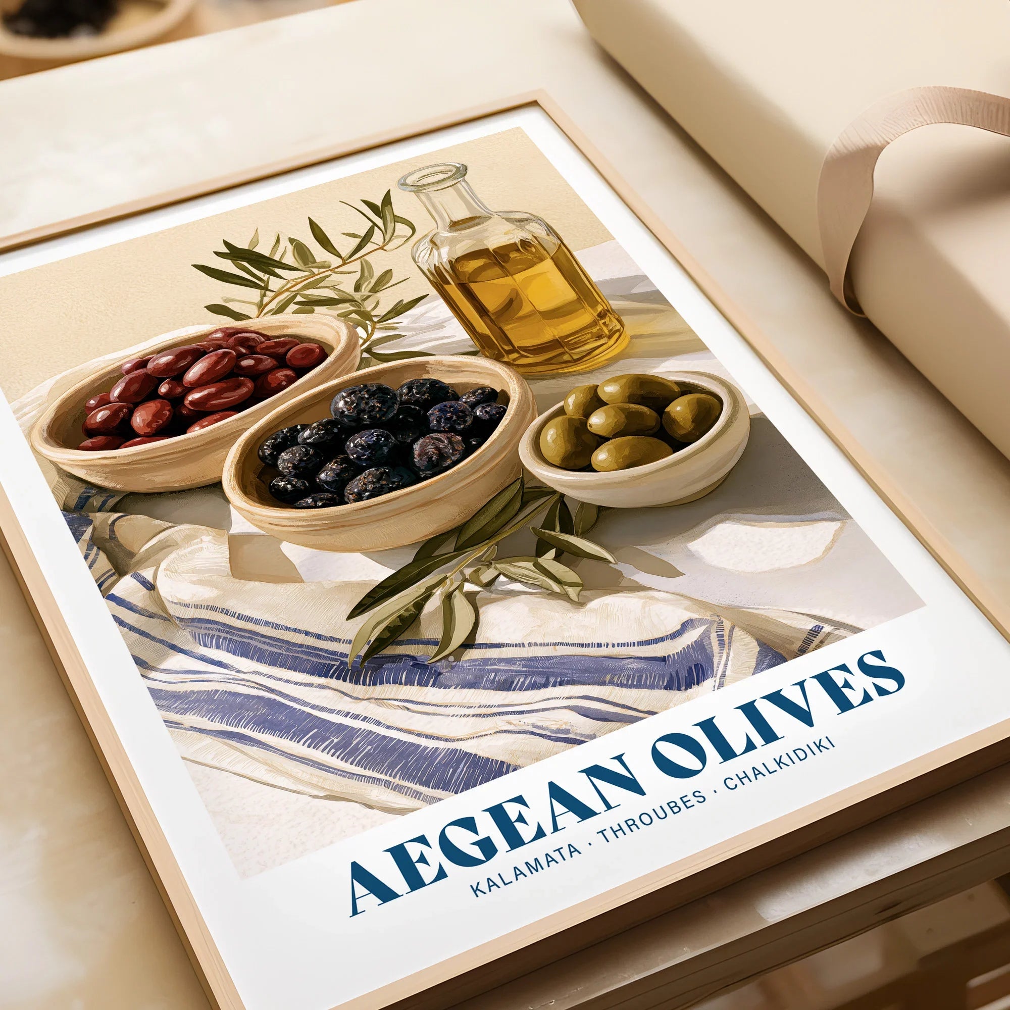 Aegean Olives Greek Kitchen Wall Art - framed art print closeup gift unwrapped natural frame