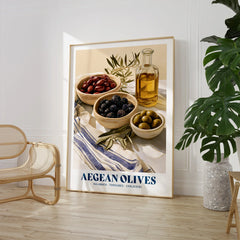 Aegean Olives Greek Kitchen Wall Art - large framed print room setting chair plant