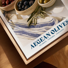 Aegean Olives Greek Kitchen Wall Art - closeup framed canvas natural wood floating frame