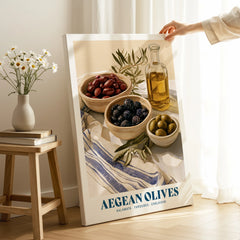Aegean Olives Greek Kitchen Wall Art - canvas print mirror edge hand holding room setting