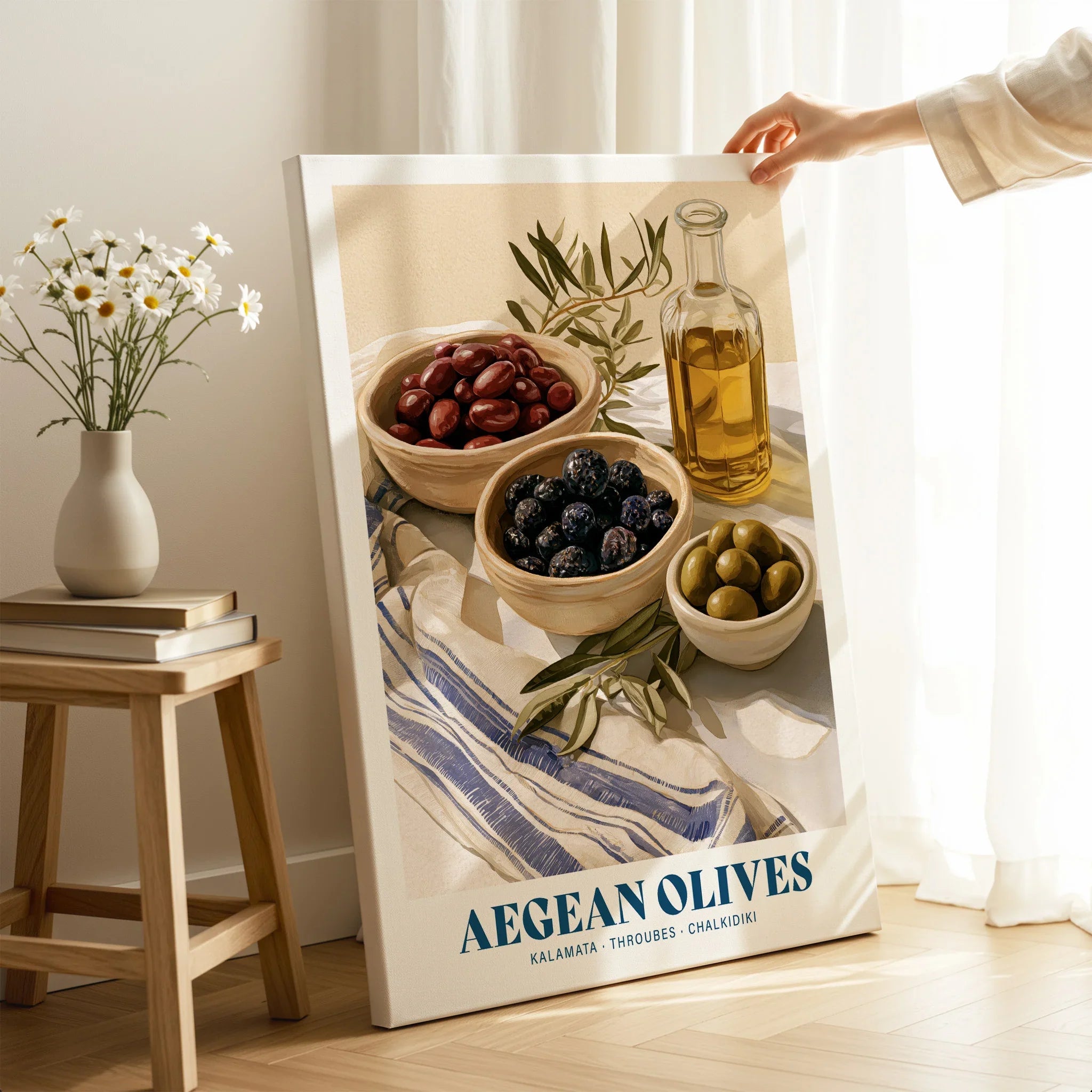 Aegean Olives Greek Kitchen Wall Art - canvas print mirror edge hand holding room setting