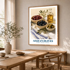 Aegean Olives Greek Kitchen Wall Art - dining room framed print natural wood frame mockup ThisArtWorld