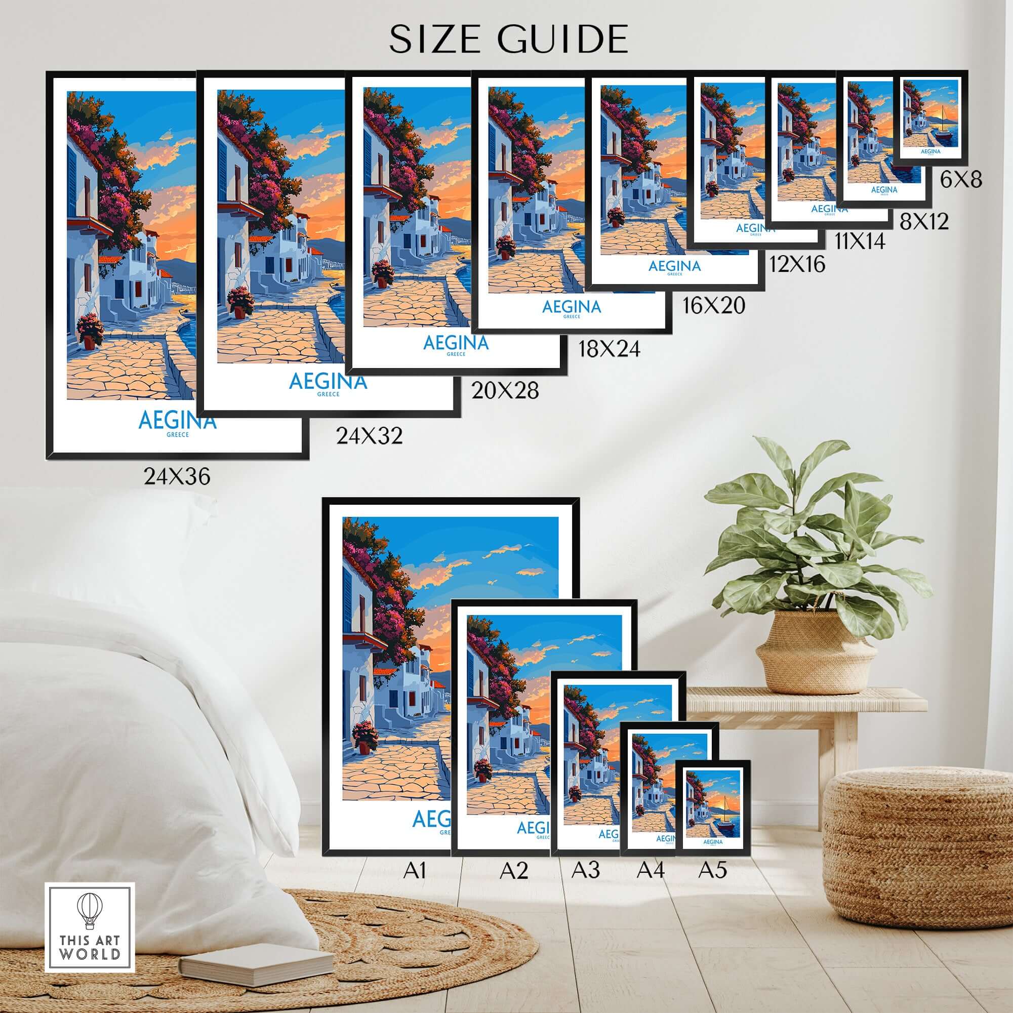 Aegina Greece Travel Poster size guide showcasing various frame dimensions in a stylish home setting.