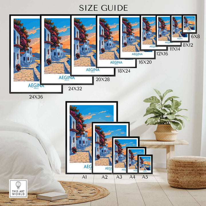 Size guide for Aegina Greece travel posters, showcasing various dimensions and styles in a home setting.