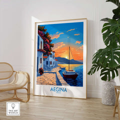 Aegina Greece Travel Poster showcasing a serene sunset over the sea, perfect for travel enthusiasts.