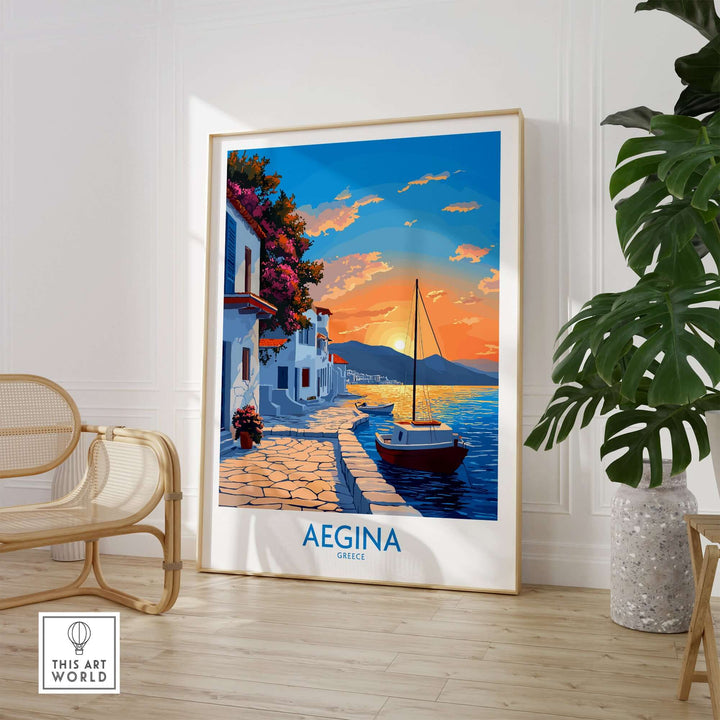 Aegina Greece travel poster showcasing a sunset over a serene harbor with a sailboat, perfect for wanderlust enthusiasts.