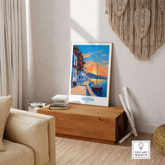 Aegina Greece Travel Poster showcasing a sunset view with a sailboat, perfect for travel enthusiasts.
