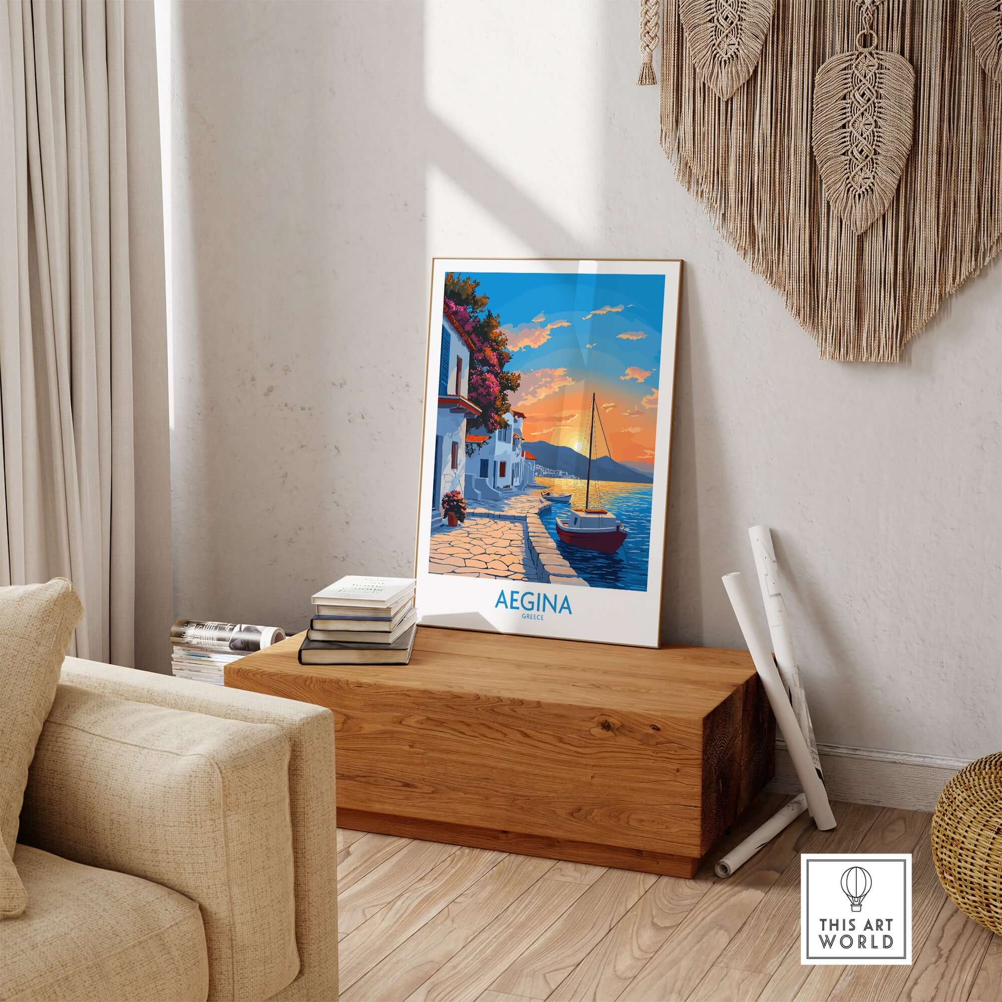 Aegina Greece Travel Poster showcasing a sunset view with a sailboat, perfect for travel enthusiasts.