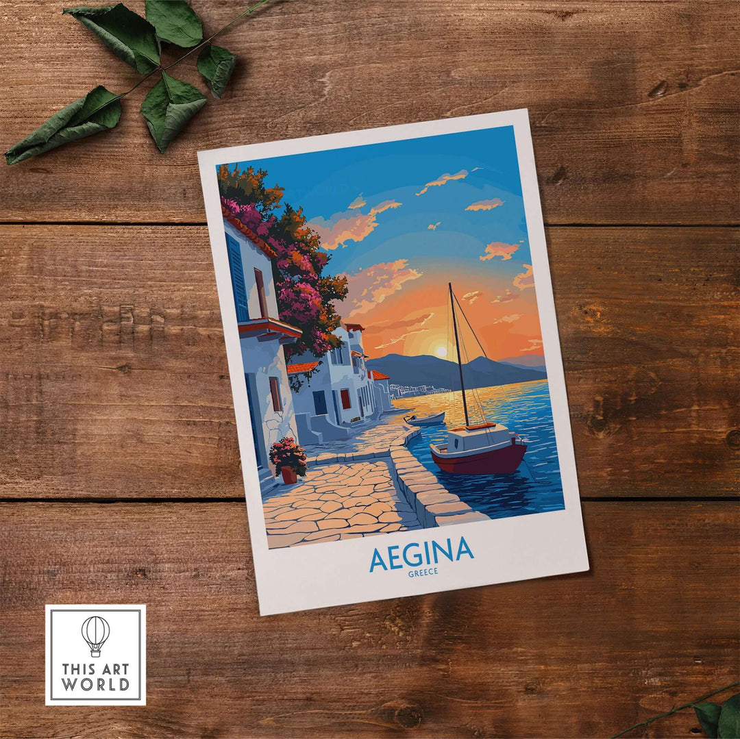 Aegina Greece travel poster featuring a colorful sunset and a serene seaside view with a boat. Perfect for wanderlust lovers.