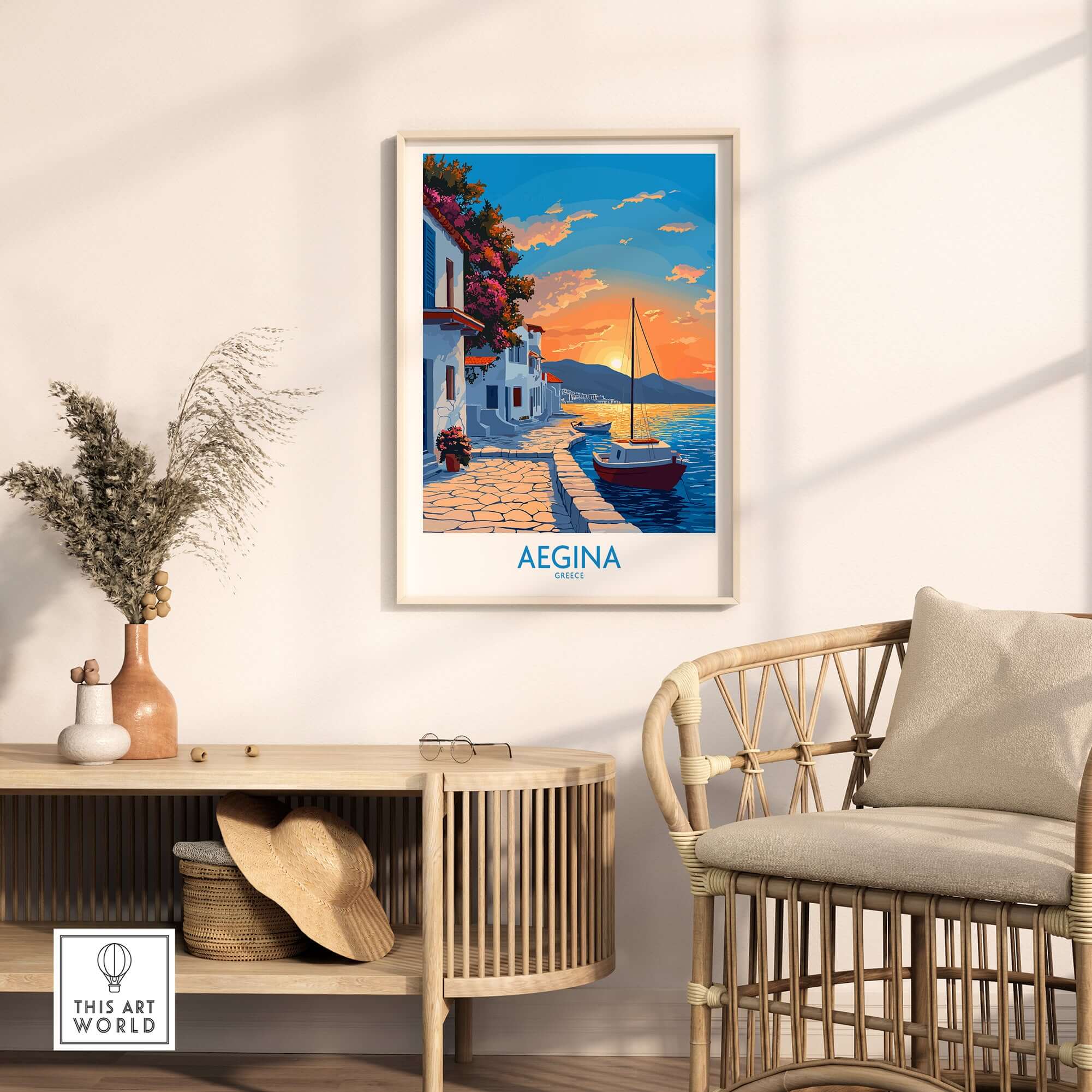 Aegina Greece Travel Poster featuring a picturesque sunset and serene seaside scenery.