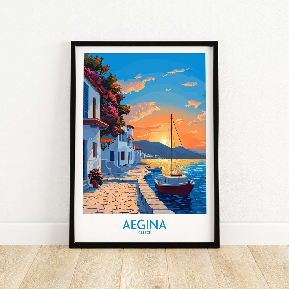 Aegina Greece travel poster featuring a sunset, sailboat, and picturesque waterfront scenery. Perfect for wanderlust.