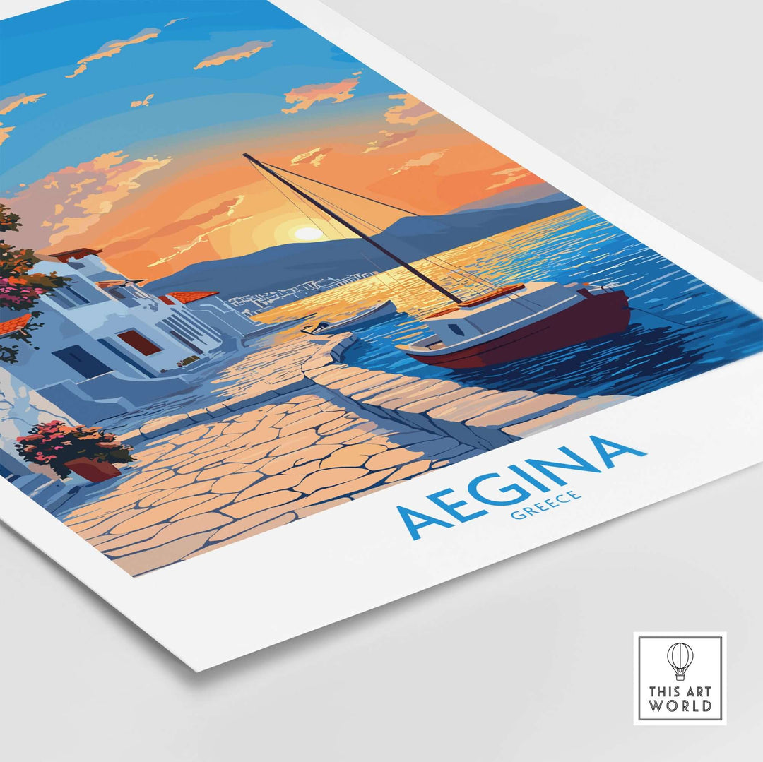 Aegina Greece travel poster featuring a sunset, sea view, and a boat, perfect for wanderlust and adventure.