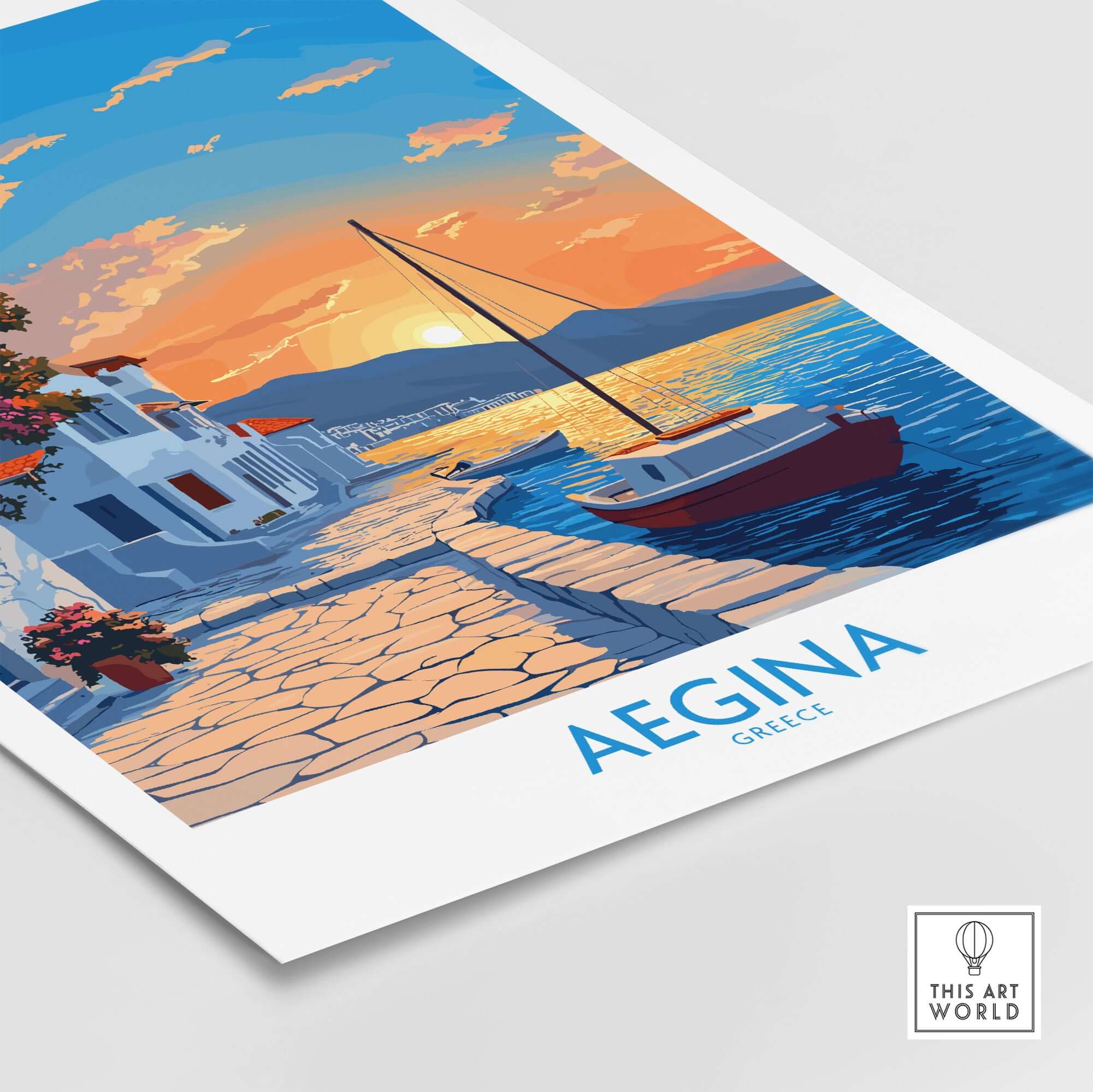Aegina Greece Travel Poster showcasing a sunset view with a boat on the water, perfect for inspiring wanderlust.