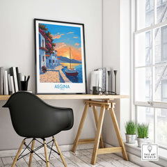 Aegina Greece Travel Poster displayed in a modern workspace, featuring a beautiful sunset and picturesque scenery.