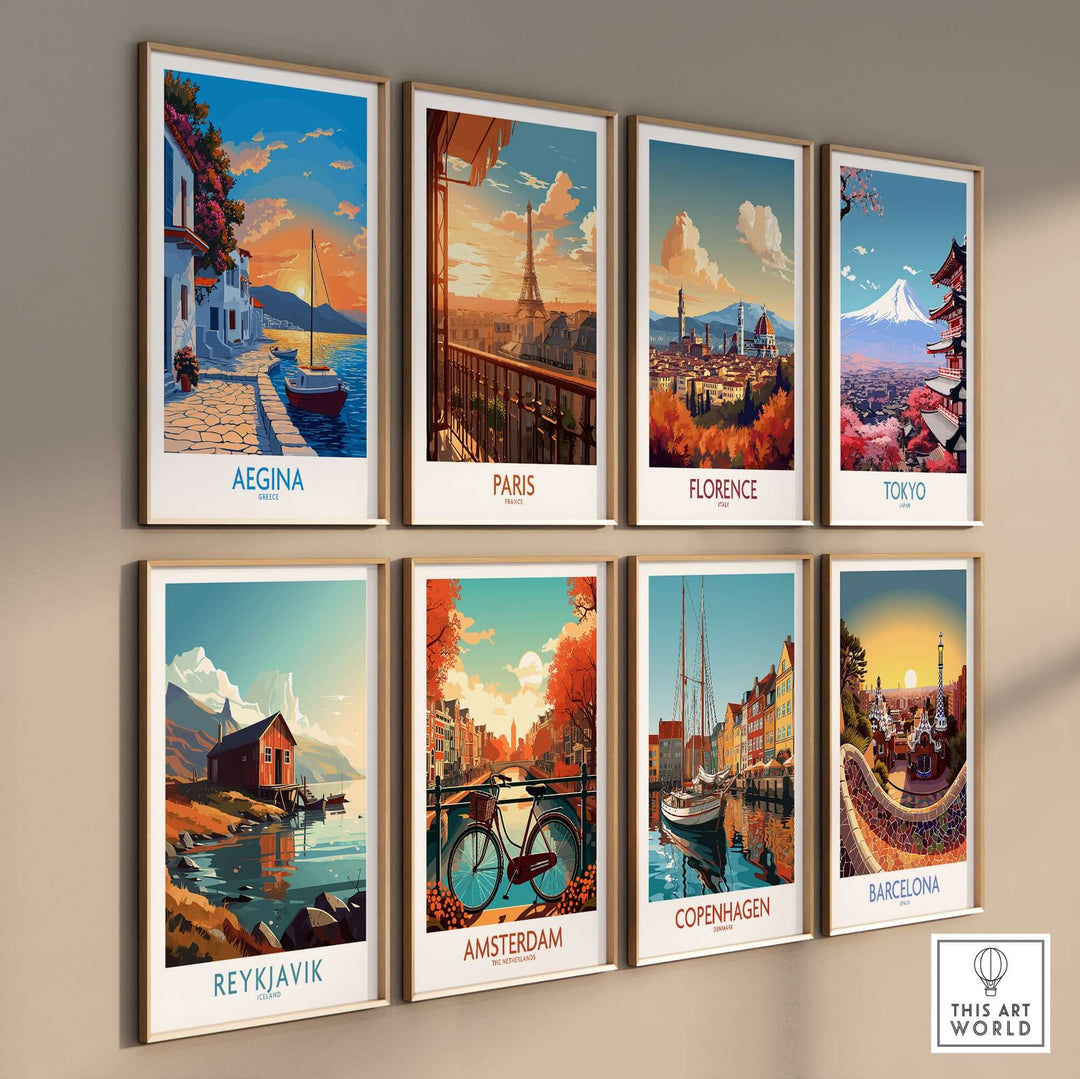 A collection of eight vibrant travel posters showcasing Aegina, Paris, Florence, Tokyo, Reykjavik, Amsterdam, Copenhagen, and Barcelona.