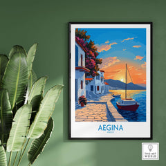 Aegina Greece Travel Poster showcasing a scenic sunset, quaint houses, and a sailboat on the island of Aegina.