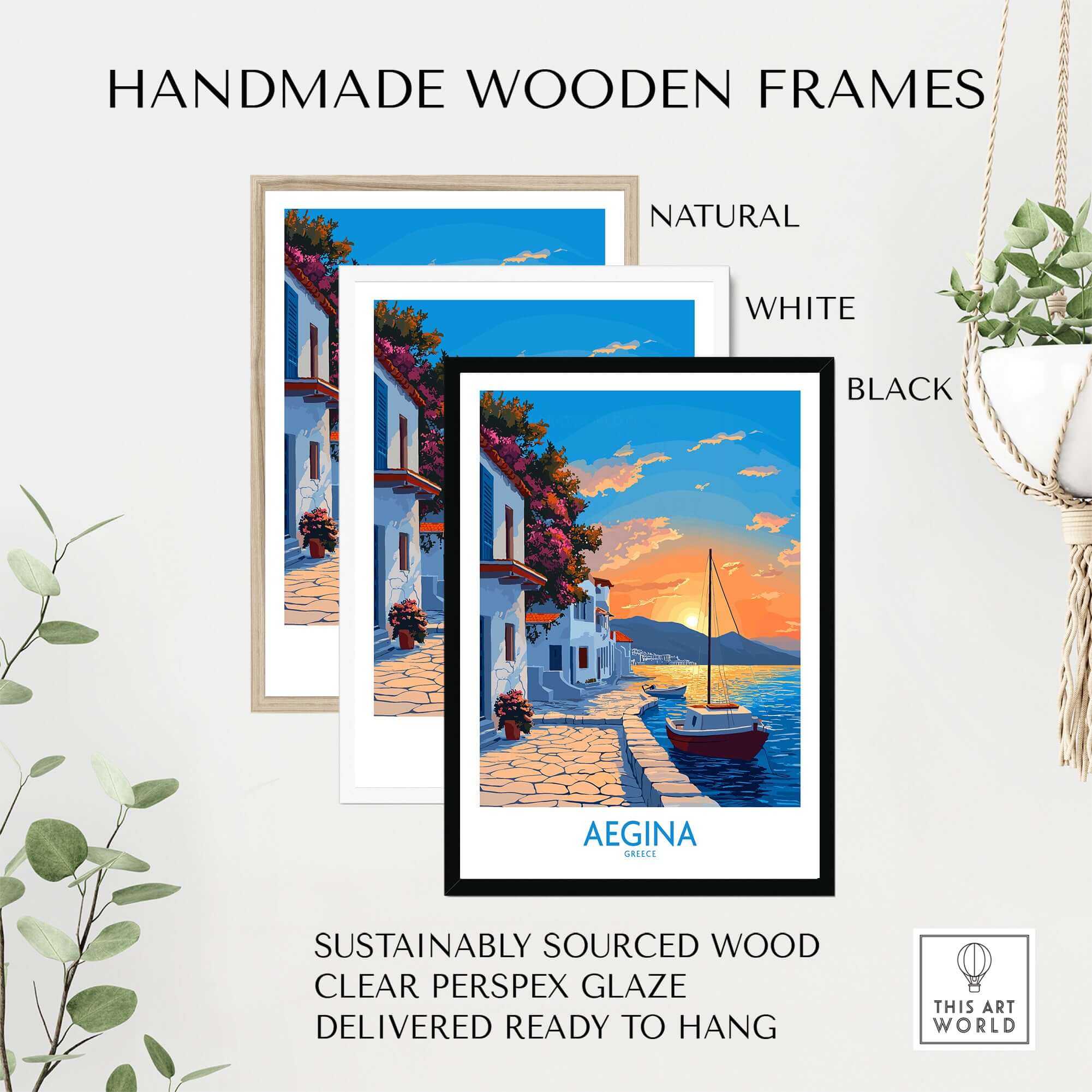 Aegina Greece Travel Poster displayed in handmade wooden frames in natural, white, and black colors.