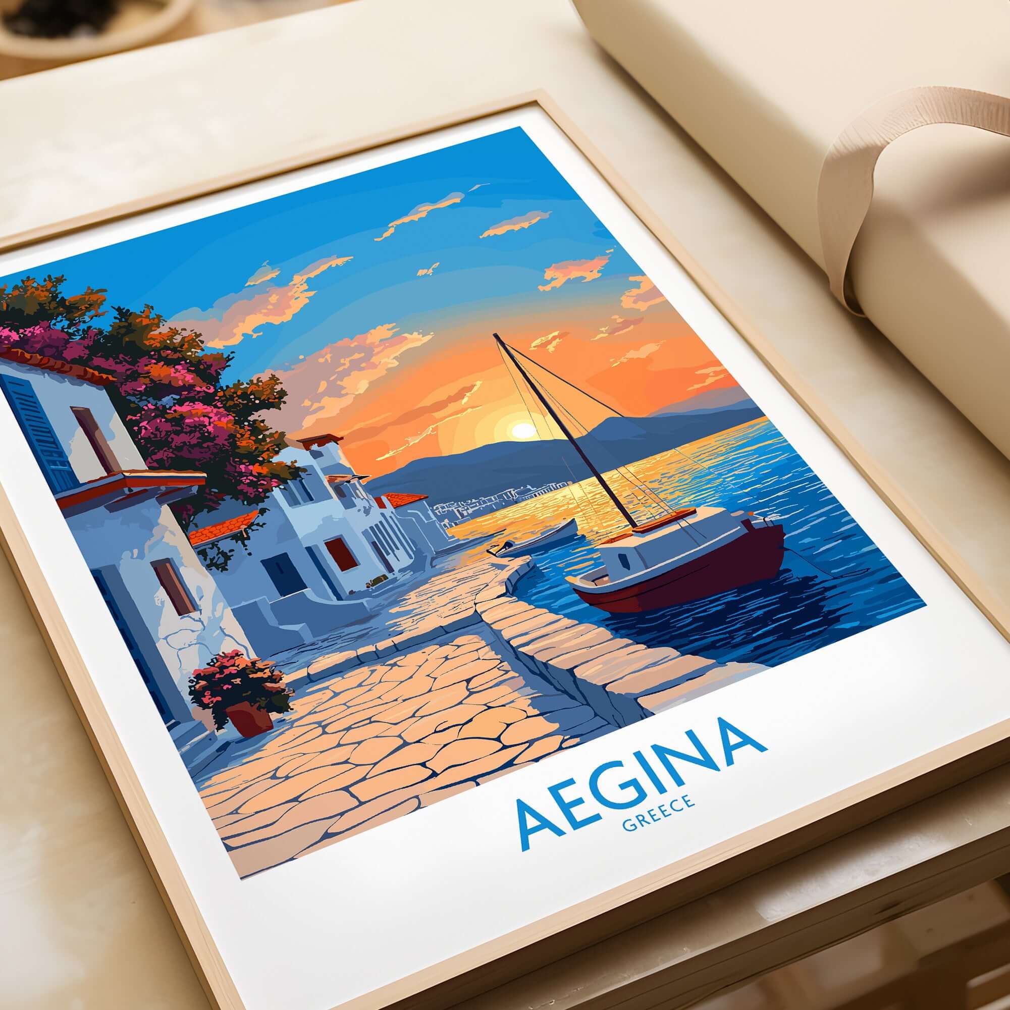 Aegina Greece Travel Poster featuring a vibrant sunset, charming coastline, and a sailing boat on the water.