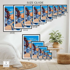 Aegina Greece Travel Print size guide showcasing various frame sizes for this stunning wall art.