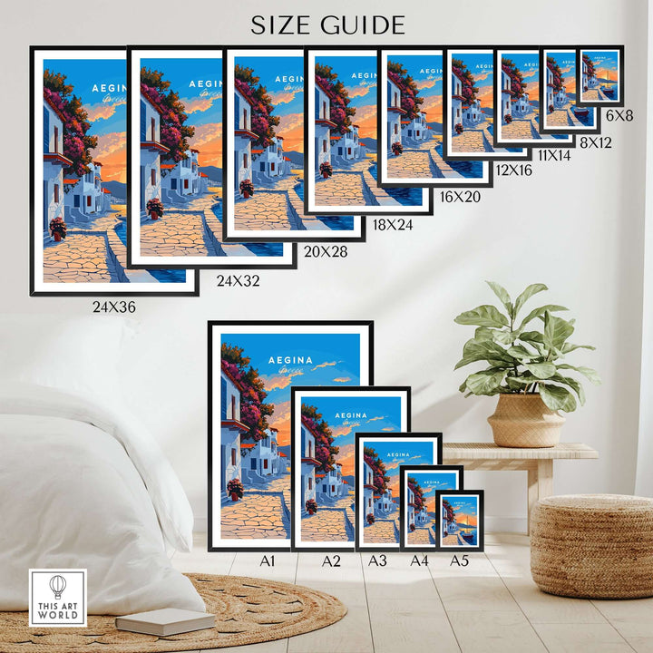 Aegina Greece travel print size guide with various frame options displayed in a stylish interior setting.