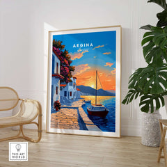 Aegina Greece Travel Print showcasing a vibrant sunset over the island's coastline and iconic architecture.