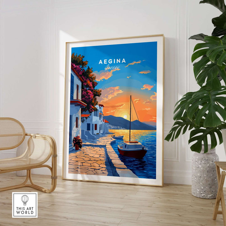 Aegina Greece travel print featuring a vibrant sunset over the sea and charming buildings, perfect for home decor.