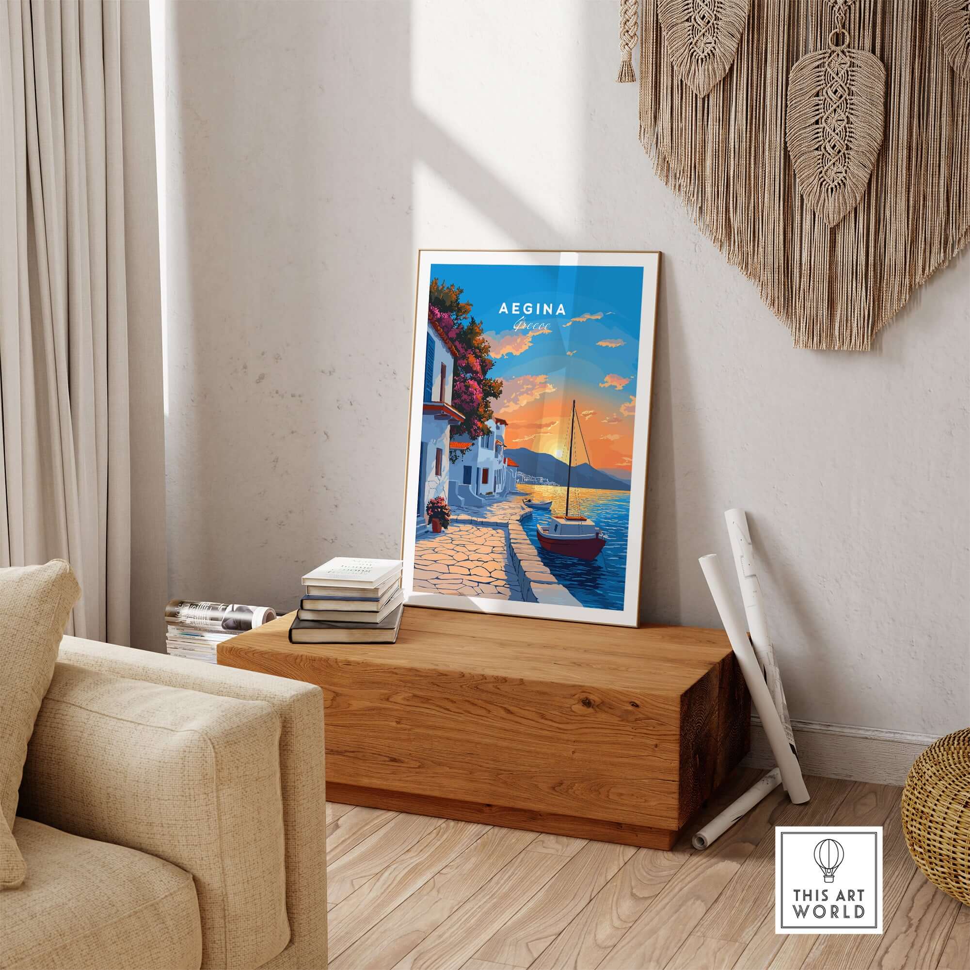 Aegina Greece Travel Print featuring a vibrant sunset over a boat and charming buildings in a cozy living room setting.
