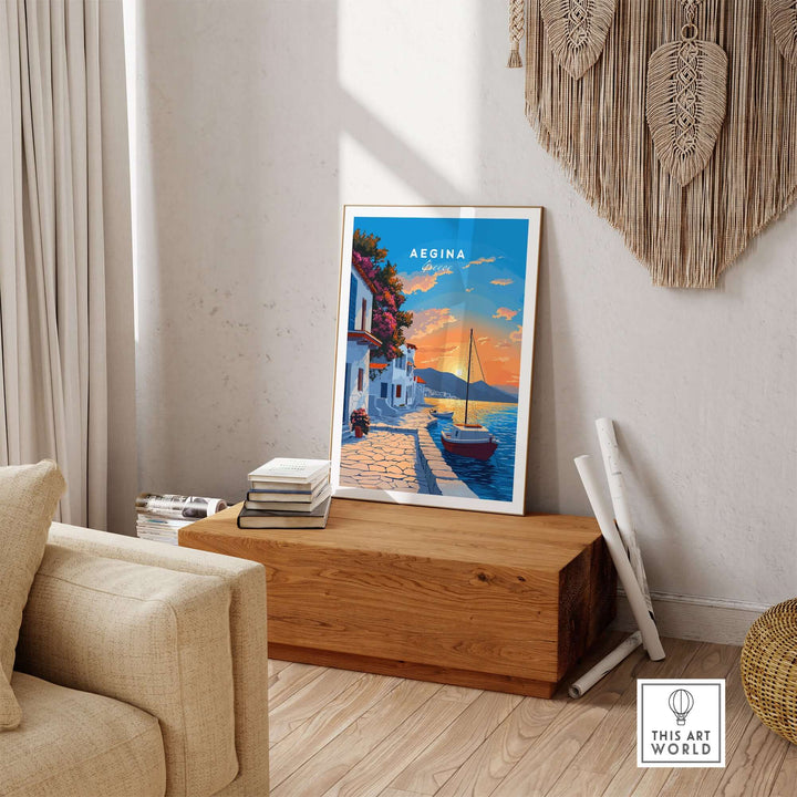 Aegina Greece travel print showcasing a serene sunset and a picturesque coastal scene, perfect for travel lovers.