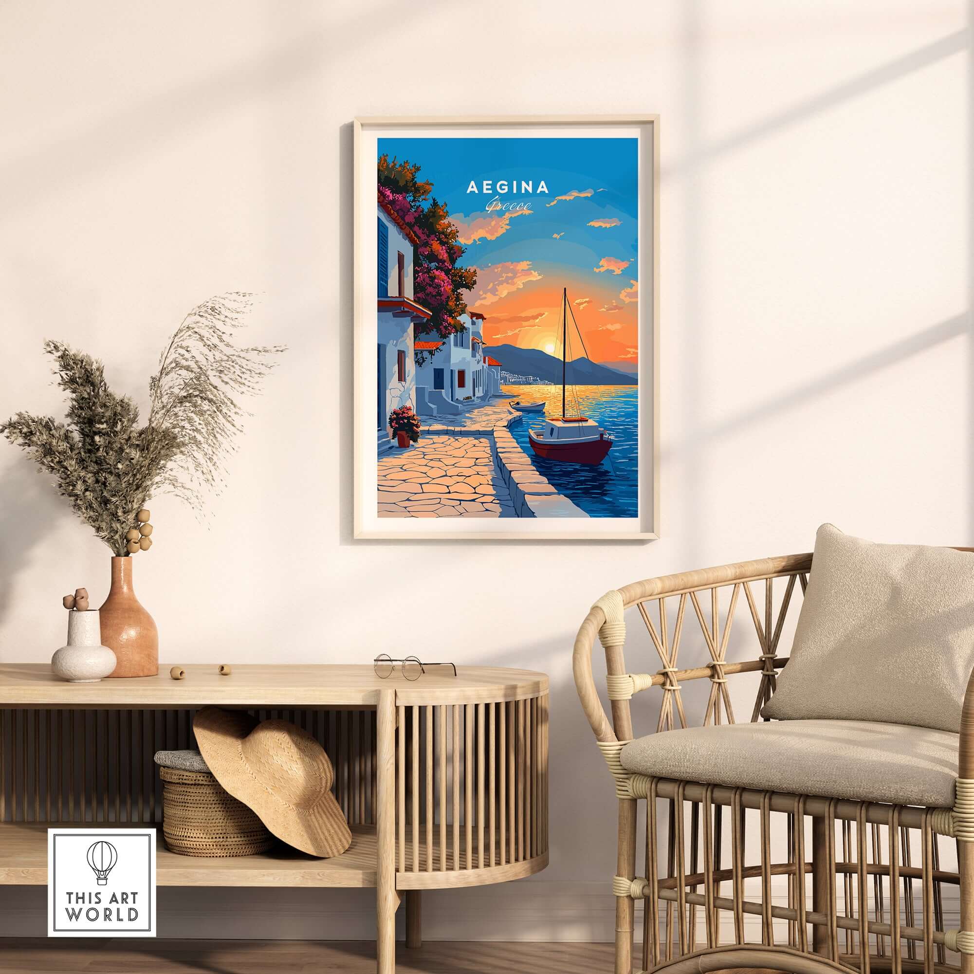 Aegina Greece Travel Print featuring a serene sunset over the waterfront and Greek architecture in vibrant colors.