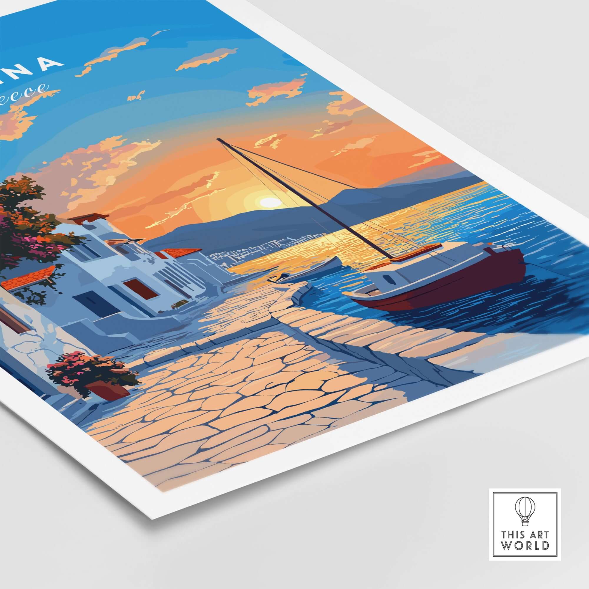 Aegina Greece Travel Print showcasing vibrant sunset colors over the waterfront and boats, capturing island beauty.