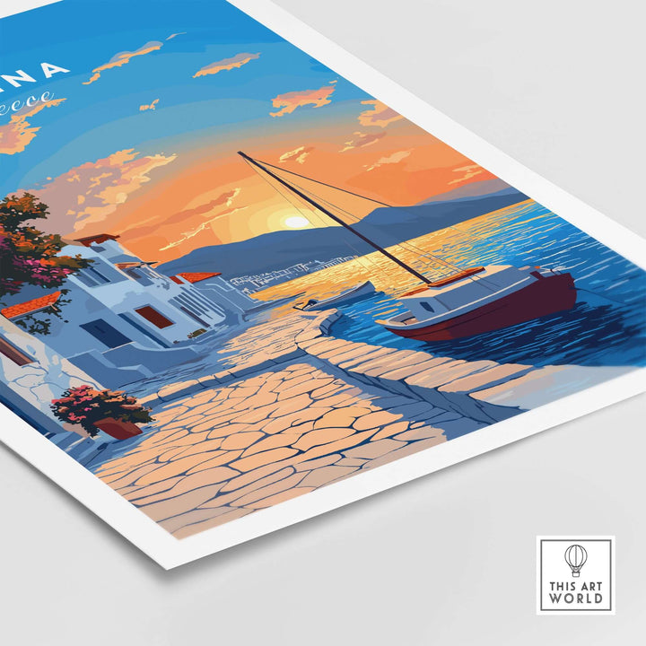 Aegina Greece travel print featuring a vibrant sunset, charming shoreline, and a boat on calm waters, perfect for travel lovers.