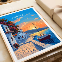 Aegina Greece Travel Print featuring a sunset over the water and coastal houses in vibrant colors.