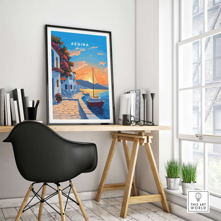 Aegina Greece travel print displayed in a modern home office setting with vibrant sunset colors and a boat scene.