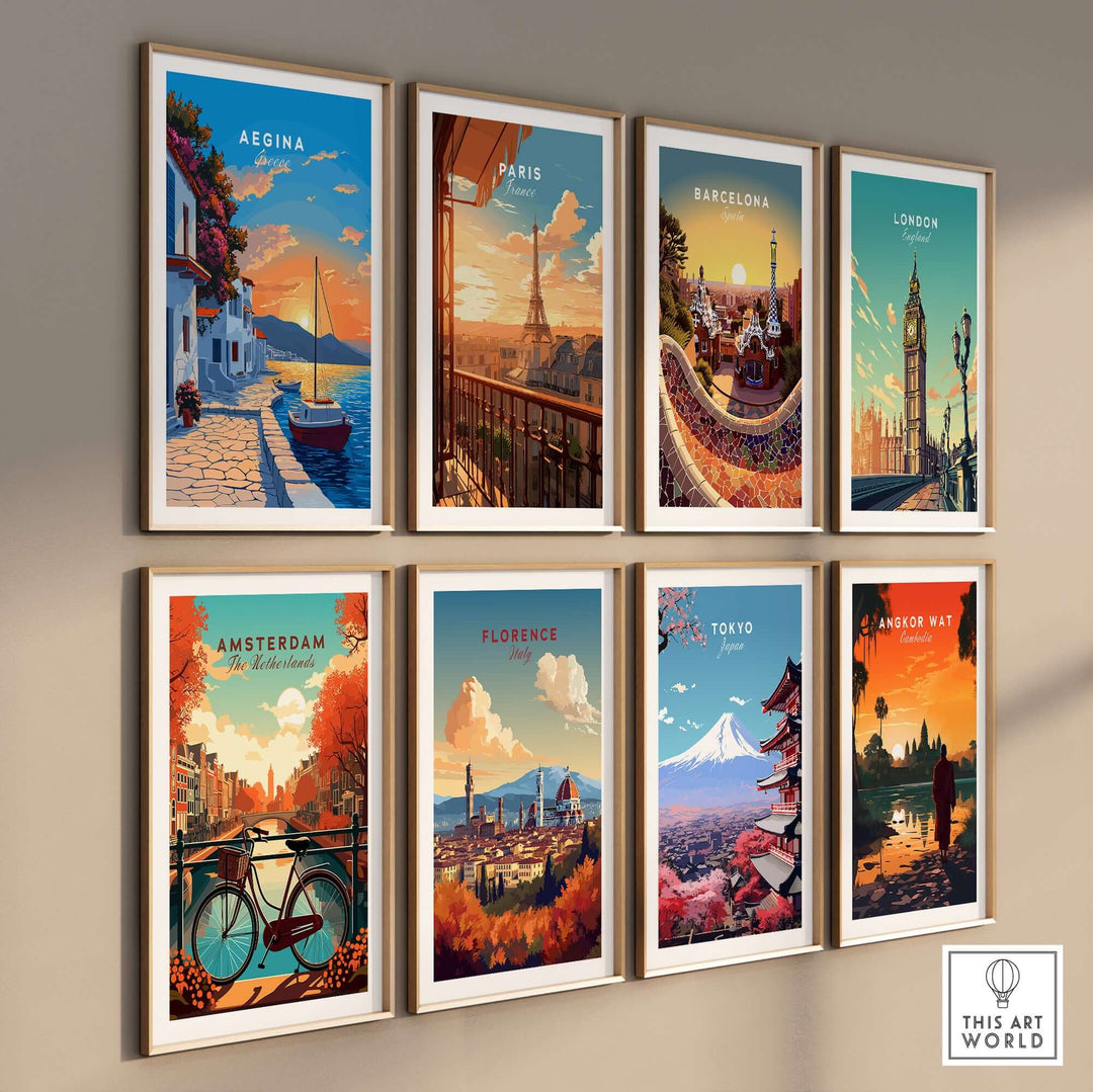 Wall display of travel prints featuring iconic cities including Aegina, Paris, Barcelona, and more, showcasing vibrant colors and scenic views.