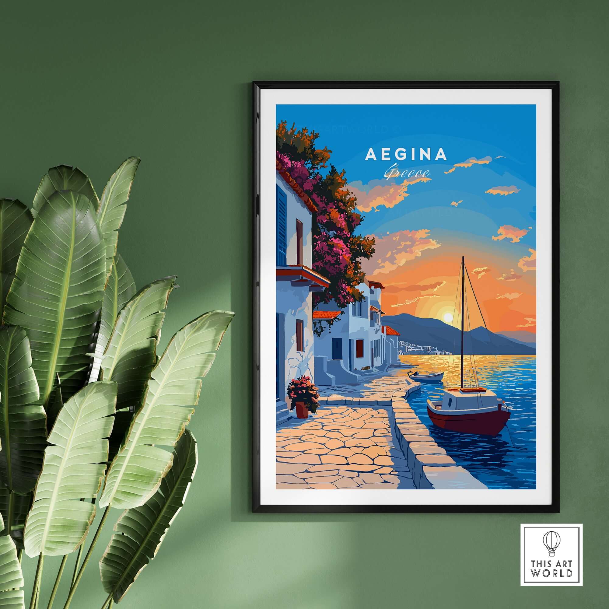 Aegina Greece Travel Print featuring a colorful sunset by the sea with a boat and charming houses.