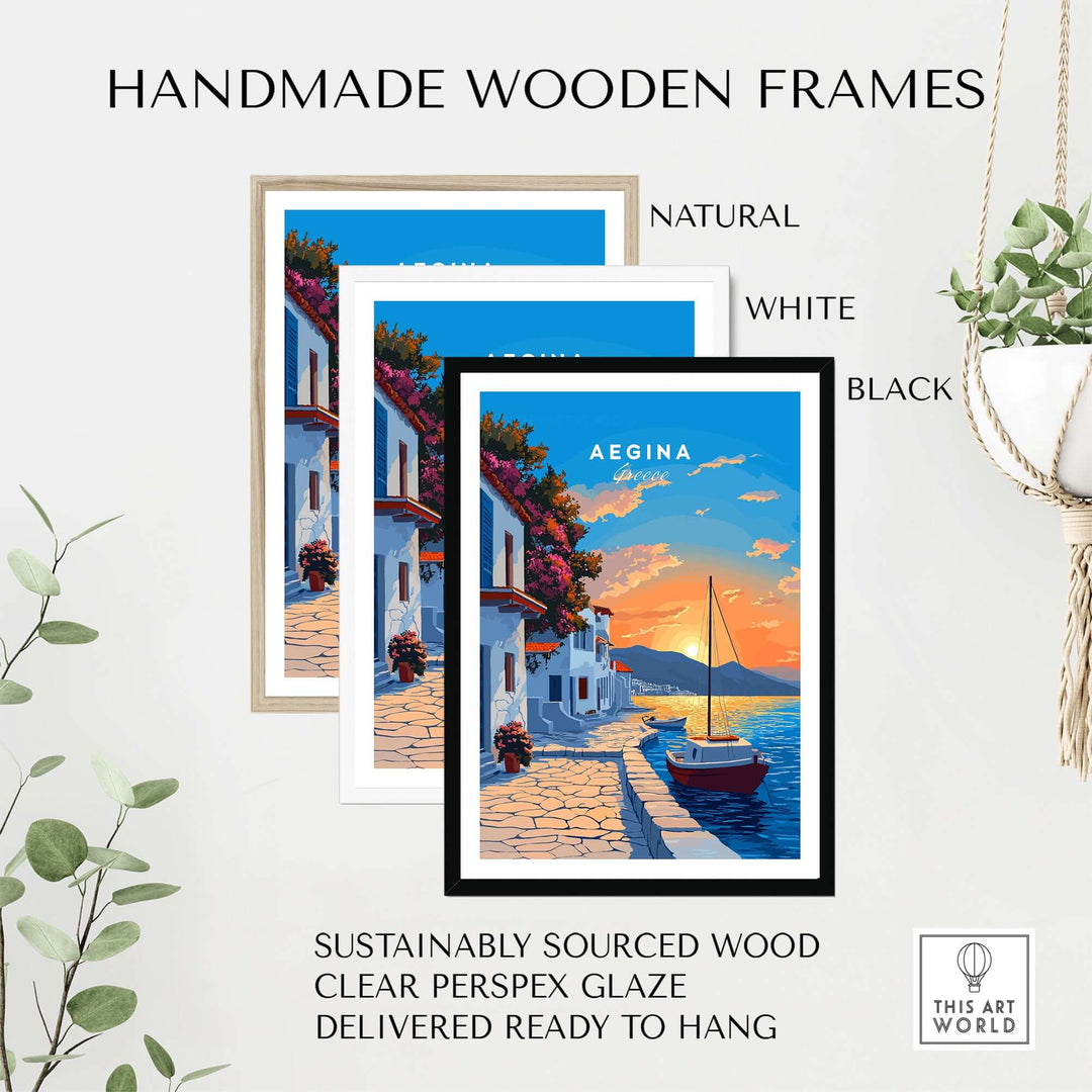 Handmade wooden frames in natural, white, and black for Aegina Greece travel print, sustainably sourced and ready to hang.