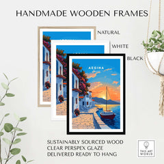 Aegina Greece Travel Print in handmade wooden frames, showcasing natural, white, and black options.