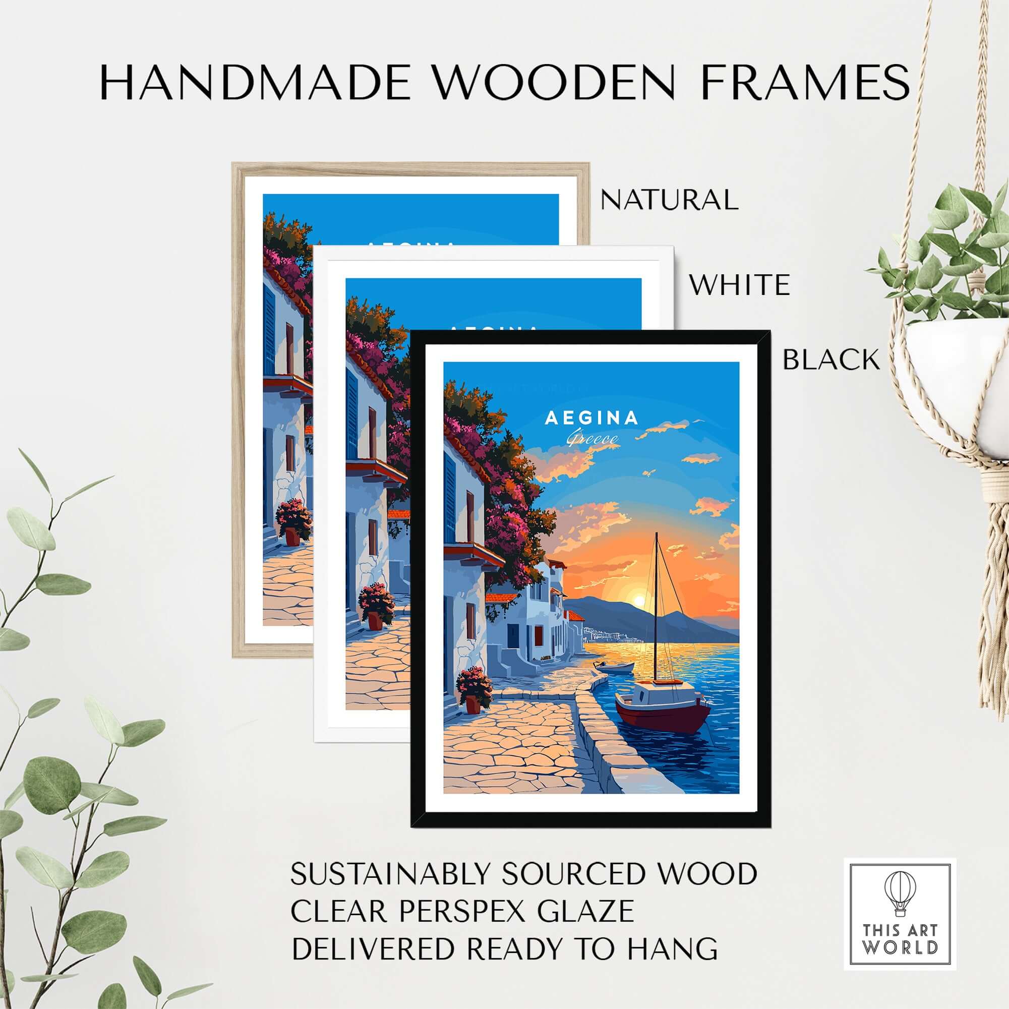 Aegina Greece Travel Print in handmade wooden frames, showcasing natural, white, and black options.