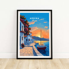 Aegina Greece Travel Print featuring a picturesque sunset and serene harbor scene.