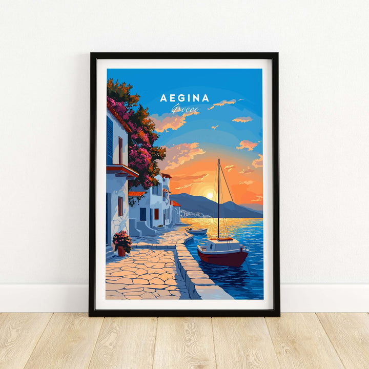 Aegina Greece travel print featuring a vibrant sunset by the sea, showcasing charming streets and a boat.