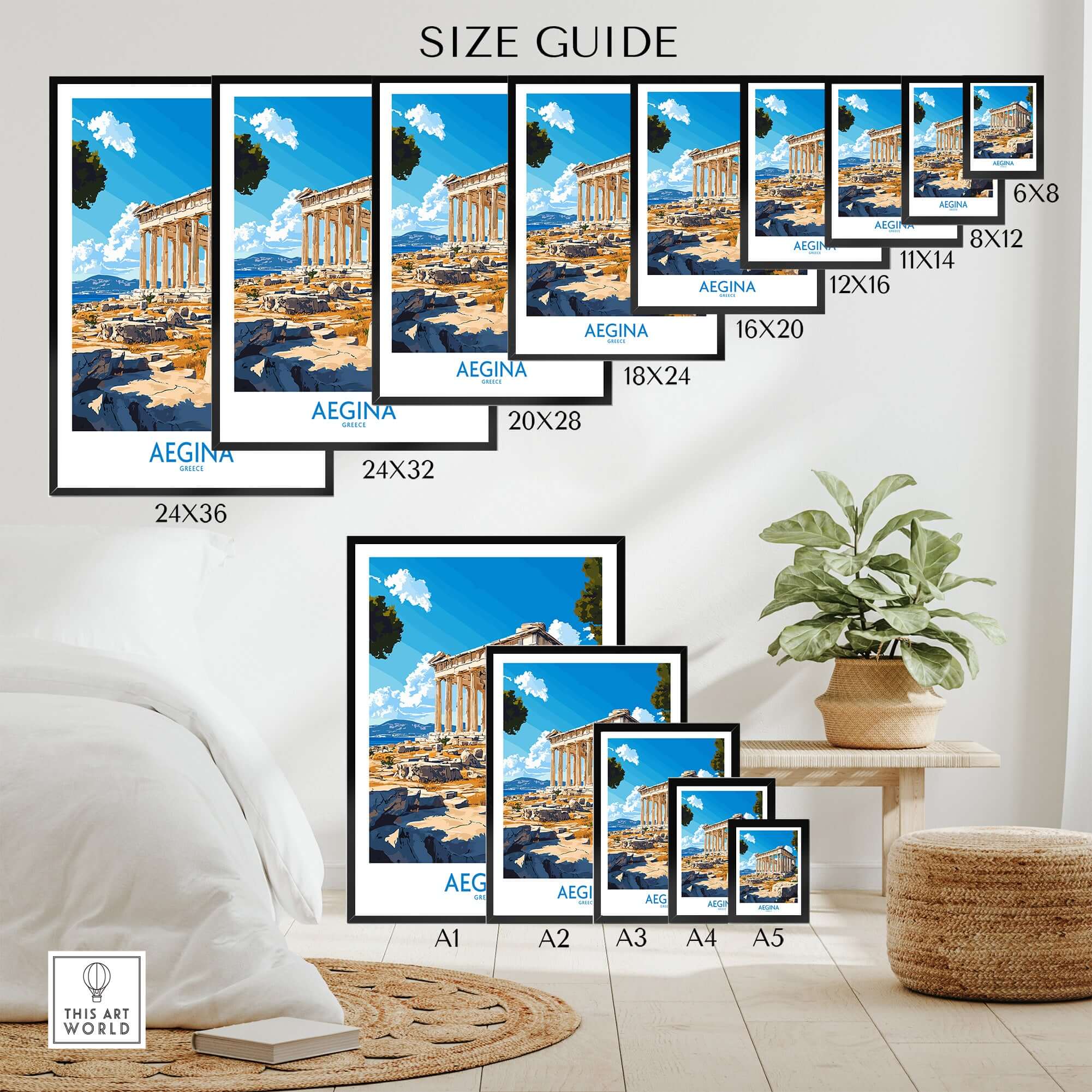 Aegina Poster Greece size guide showcasing various frame sizes and options for the poster.