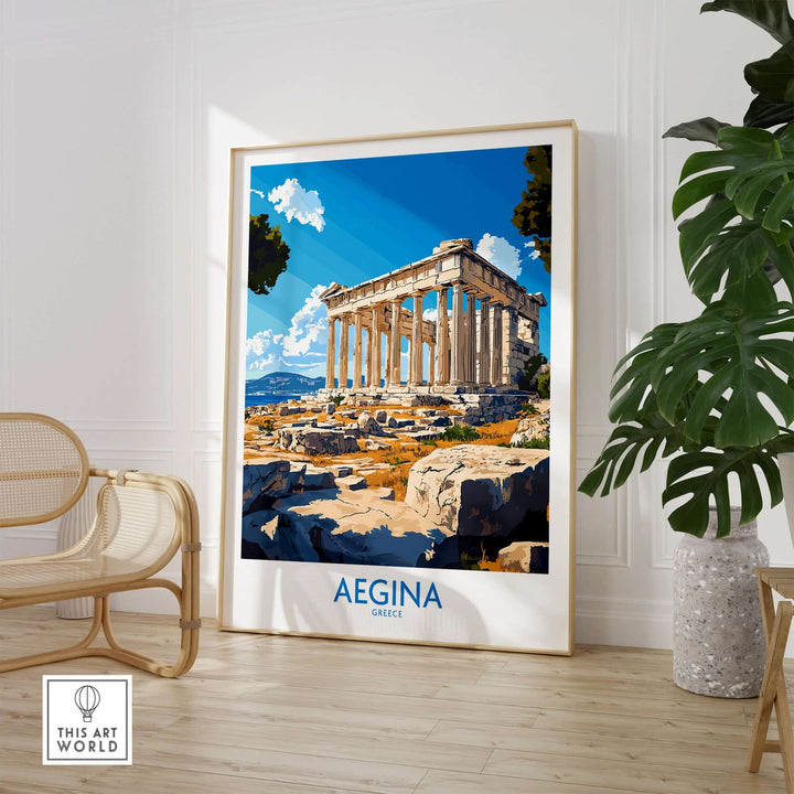 Aegina Poster Greece showcasing the Temple of Aphaia, set in a bright, artistic style, perfect for travel enthusiasts.