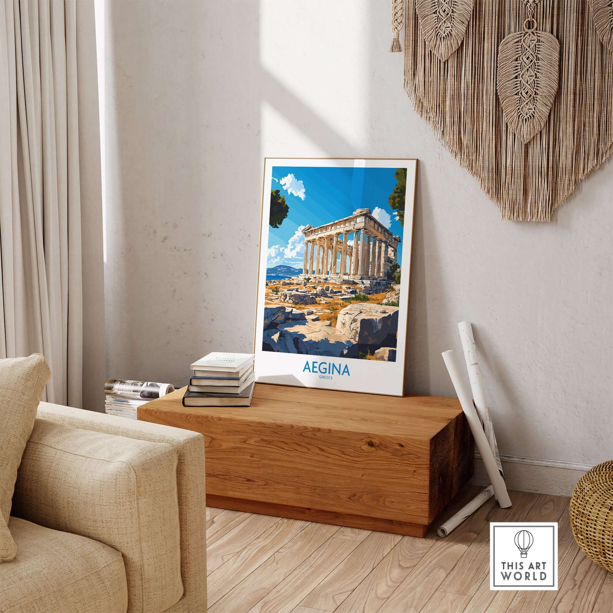 Aegina Poster Greece displayed in a stylish living room, featuring the temple of Aphaia for travel lovers.